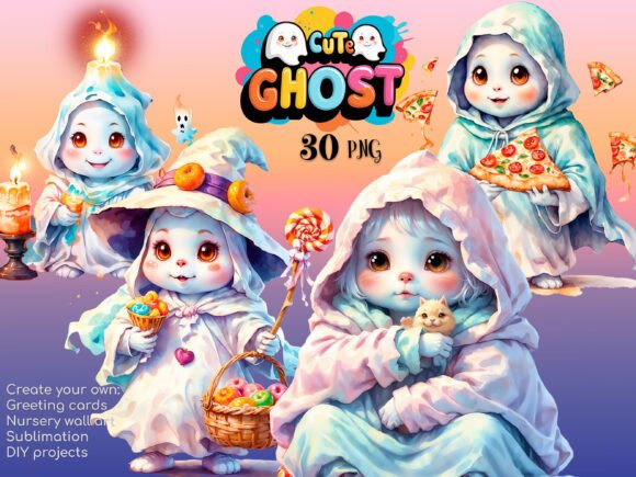 Unleashing Halloween Charm with the Cute Ghosts Watercolor Clipart Set